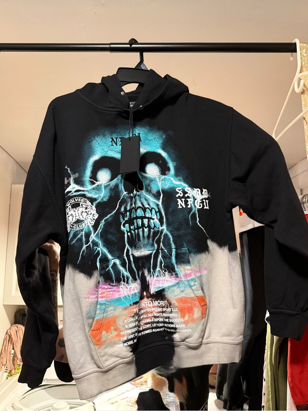 Darc Sport Black Graphic Skull Crewneck Hoodie with Teal and Pink Accents